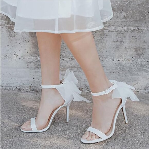 Miss Left White Bows Stiletto Heel Sandals Adjustable Ankle Strap Open Toe Shoes - Picture 1 of 8